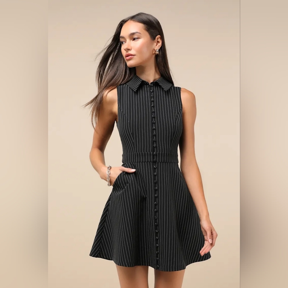 Lulus Totally Poised Black Pinstriped Collared Mini Dress With Pockets